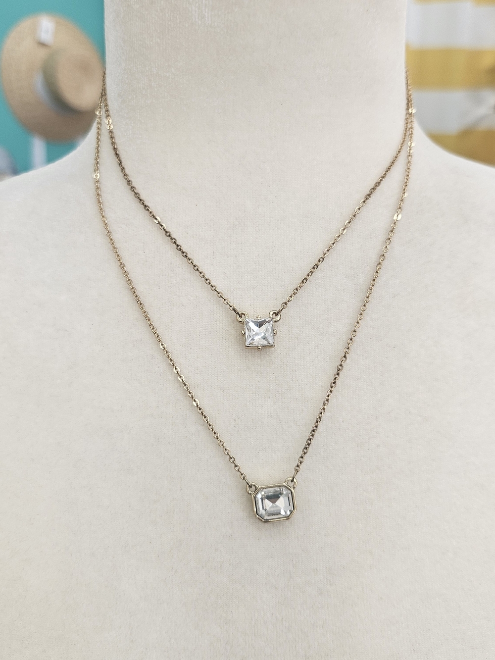 Gold Double Layer Necklace with Clear Gemstones - Women Jewelry